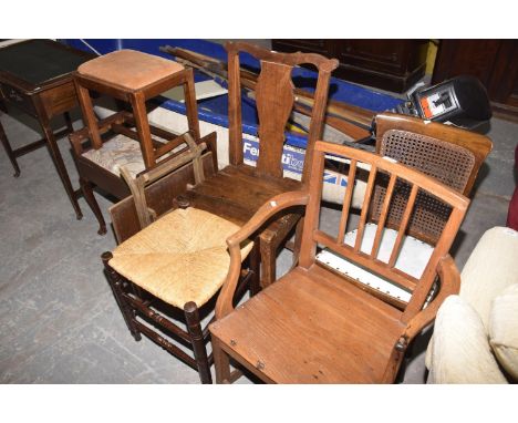 A collection of stools and chairsTo include an 18th Century country Chippendale style chair, an oak elbow chair, a string top