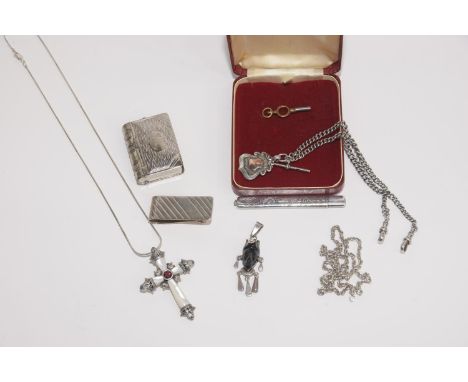 A selection of silver and white metal itemsTo include a silver Albert chain and fob, a novelty white metal vesta case in the 