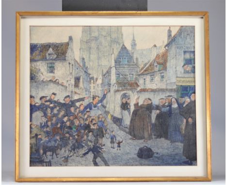 Han JELINGER (1895-1961) Mixed technique, "humorous street scene" drawing - Weight: 800 g - Shipping available - Region: Euro