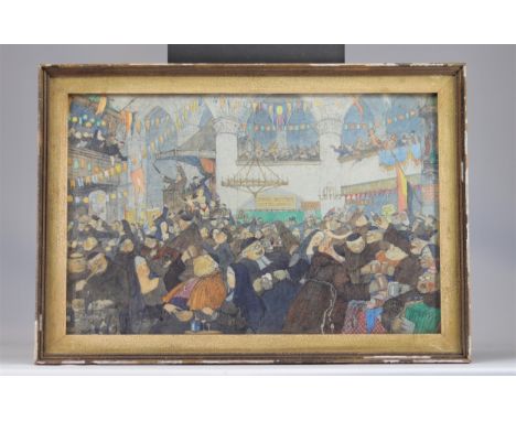Han JELINGER (1895-1961) Mixed technique, drawing "humorous party scene" - Weight: 2.78 kg - Shipping unavailable - Region: H