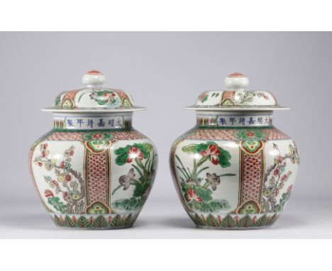 China - Pair of vases, flower decoration, signed Ming period around 1900 - Weight: 5.00 kg - Shipping available - Region: Chi