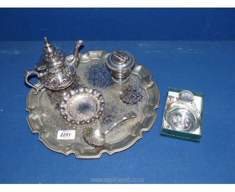 A quantity of epns including circular tray, small teapot, sugar sifter spoon, pewter wine taster, Calibri table lighter.