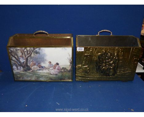 Two brass magazine racks, one with scene of women seated at a table, the other with a print to front of women at picnic.