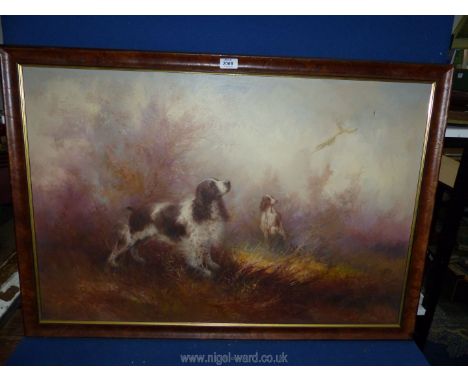 An oil on canvas of 'Gun dogs on Grouse', indistinctly signed lower left 36" x 24" a/f.