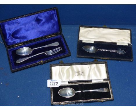 Three cased Silver Teaspoons plus a fork, London maker, 78 gms.