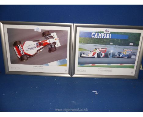 Two Limited edition Prints by John Batcher of F1 Drivers, Mika Hakknen 'Hacking on,' 'Experience Should tell' Ayrton Senna an