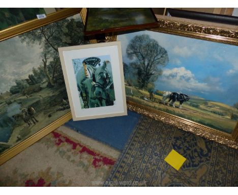 A quantity of prints to include; an over varnished wooden print titled 'Setting the Plough', an enlarged photograph of Dore A
