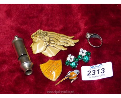 A small quantity of mixed jewellery including a plastic deco lady brooch, cat ring, clip-on earrings and whistle, etc.