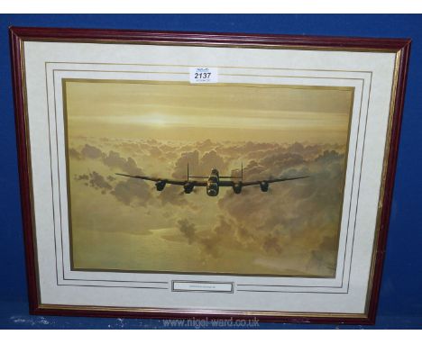 A framed and mounted print titled 'Outbound Lancaster' by Gerald Coulson 21" x 17".