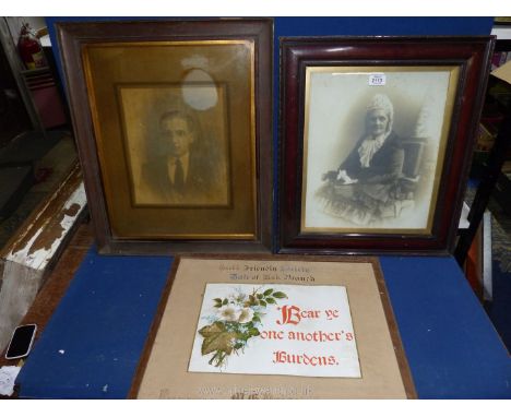 Two wooden framed Prints taken from photographs depicting a gentleman and an elderly lady, along with a religious print.