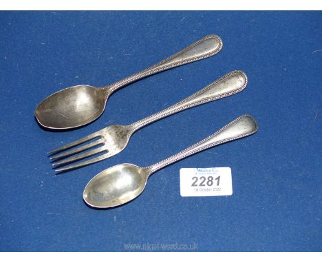 Two Silver Teaspoons, London and a Silver Fork, Exeter 119 gms.