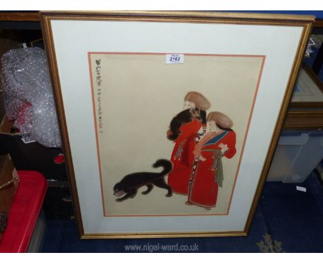 A framed and mounted oriental print depicting two figures with dogs. 22¼" x 28¼".