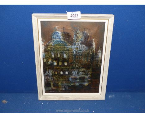 A small framed Oil on paper Holborn Art Exhibition verso entitled "Outlandish Town" by Mrs Tatiana Manuilow, 9½" x 11¾".