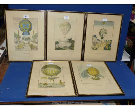 Five framed prints depicting various hot air balloons to include; 'Ascent of James Sadler at Oxford 1810', 'The First Channel
