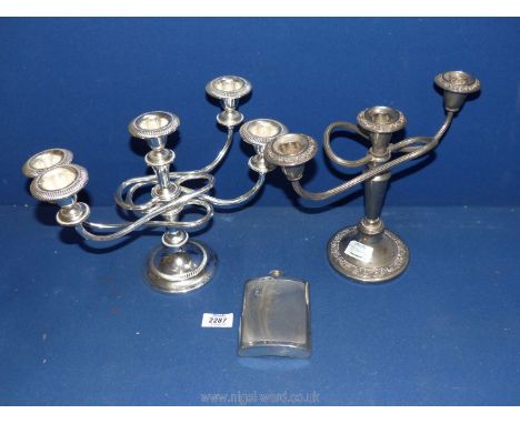 A five branch candelabra and a three branch Grenadier silver plated candelabra, plus 6oz hip flask.