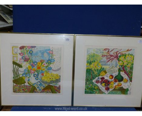 A pair of limited Edition Prints depicting a garden scene with a table containing fruit and bottle, glass a/f., and interior 
