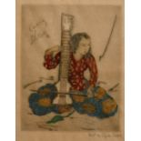 After Elyse Ashe Lord, 'Indian Dilruba', hand coloured print with added pencil inscription, 9.75"