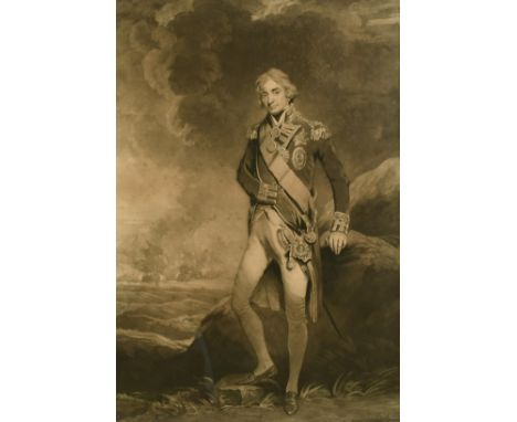 After Hoppner, a portrait of Admiral Lord Nelson, mezzotint, 24" x 16" (61 x 40cm).