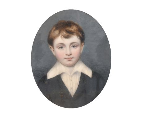 English School, Circa 1843, a miniature portrait of a young boy, watercolour and bodycolour on ivory, indistinctly signed ver