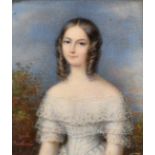 19th Century, probably Austrian School, a miniature portrait of a lady with ringlets in her hair,