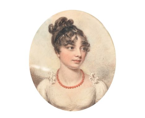 Attributed to William Wood (1768-1809), a miniature portrait of a lady, watercolour and bodycolour on ivory, with braids of h