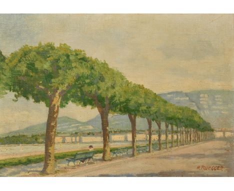 Henry Ruegger (1881-1971), figure seated on a bench by Lake Geneva, oil on canvas, signed, 13" x 18" (33 x 46cm), along with 
