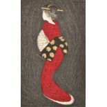 Kaoru Kawano (1916-1965), a lady in a red kimono, colour woodblock, signed in pencil within the