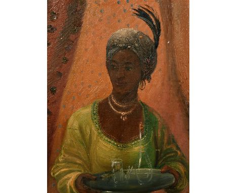 19th/20th Century, a portrait of an Eastern female attendant carrying a tray with glassware, oil on canvas laid down, 16" x 1