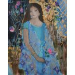 Sun Quan (20th Century), Chinese, 'Pink Rose', portrait of a female holding a flower, screenprint,