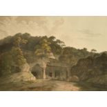Thomas and William Daniell, 'The Entrance to the Elephanta Cave', hand coloured aquatint, 18" x