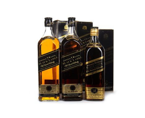 JOHNNIE WALKER BLACK LABEL AGED 12 YEARS - ONE LITRE (2) Blended Scotch Whisky One litre, 43% volume, in carton. JOHNNIE WALK