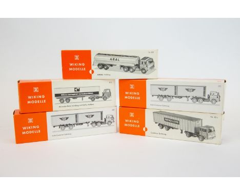 10 Wiking Ho scale plastic vehicles. Lot contains No. 801 ARAL tanker, 522 Kuhl-container Sattelzug, 52c container sattelzug,