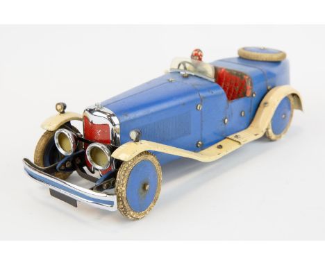 A rare 1930's No.2 Meccano Constructor Car. A boat tail example in blue with cream mudguards/running boards, red seats, blue 