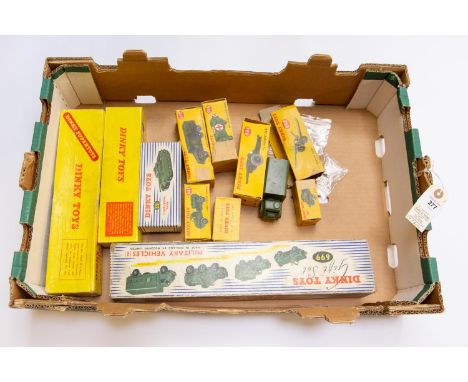 11 dinky toys military vehicles. Includes, No.697 25 pounder field gun set, No.651 Centurion tank, No.660 tank transporter, N