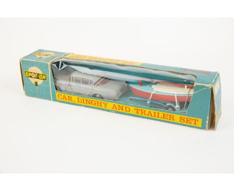 Spot-On Car, Dingy &amp; Trailer Set (212). Comprising Vauxhall PA Cresta in light grey with red interior, with light blue/re