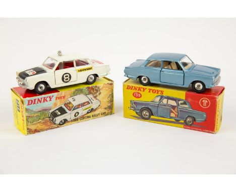 2 Dinky Toys. Ford Consul Cortina (139). Example in light metallic blue with cream interior. Plus a Ford Cortina Rally car (2