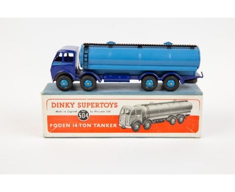 Dinky Toys Foden 14-Ton Tanker (504). A DG example with violet blue chassis cab with mid-blue flash, mid blue tanker body and