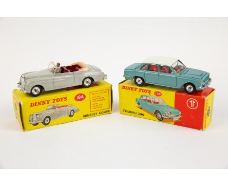 2 Dinky Toys. Triumph 2000 (135). In metallic light green with cream roof and red interior, small spun wheels and black tyres