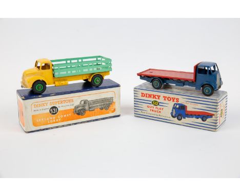 2 Dinky Toys. A Supertoys Leyland Comet Lorry (531). Example with yellow cab and chassis, pale green body and mid green wheel
