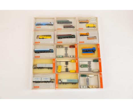 15 Wiking 1:160 scale plastic model vehicles. Lot contains No. 2, 3p, 5k, 5s, 21, 30,41, 46 51, 51, 56, 71, 9042, 9085, &amp;