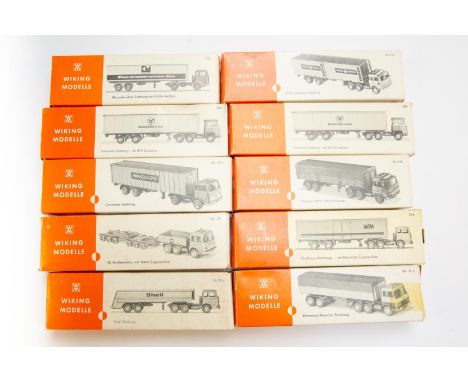 10 Wiking Ho scale plastic model vehicles. Includes a SHELL fuel tanker, special wagon mover, and 8x Mercedes and Magirus arc