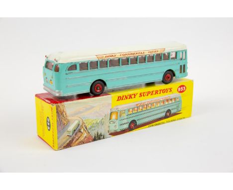 Dinky Supertoys Continental Touring Coach (953). In turquoise with a white roof, fawn interior with red plastic wheels and bl