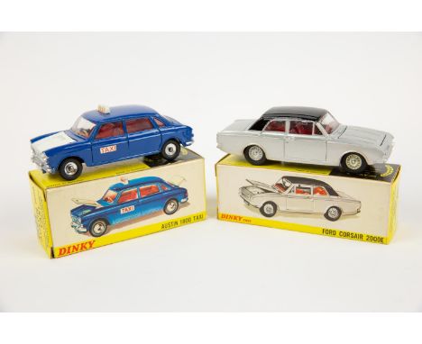 2 Dinky Toys. Ford Corsair 2000E (169). In metallic silver with black roof and red interior, cast wheels with black tyres. Pl