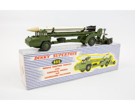 Dinky Supertoys Missile Erector Vehicle with Corporal Missile (666). In 0live green with white missile/fins. Boxed, with pack