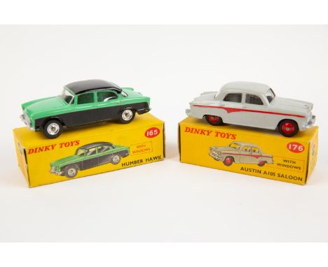 2 Dinky Toys. Humber Hawk (165). An example in light green and black with black roof and spun wheels. Plus an Austin A105 Sal