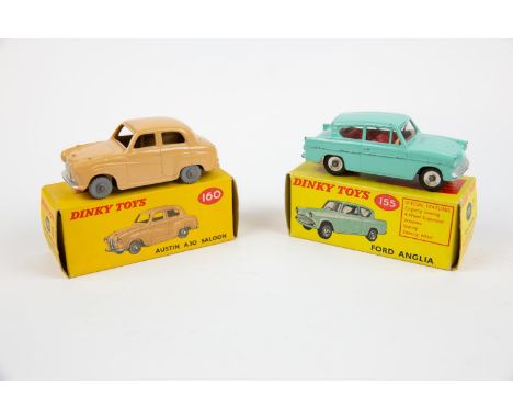 2 Dinky Toys. Ford Anglia (155). In turquoise with red interior, small dished spun wheels and black tyres. Plus an Austin A30