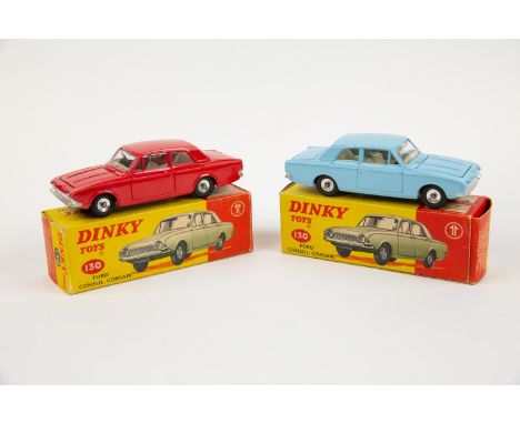 2 Dinky Toys Ford Corsair (130). One example in light blue with cream interior. Plus another in bright red with light grey in