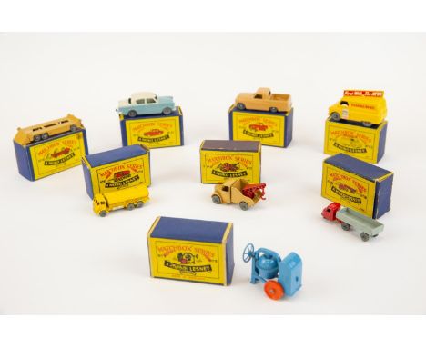 8 Matchbox series Moko models. Includes No.43 Hillman Minx, No.42 Bedford van ( Evening news), No.10 Scammell with trailer, N