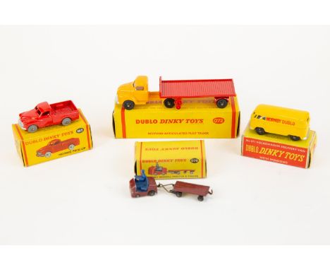 4 Dublo Dinky Toys. Bedford Articulated Flat Truck (072). Cab inn yellow with red trailer, black plastic wheels. Morris Pick-