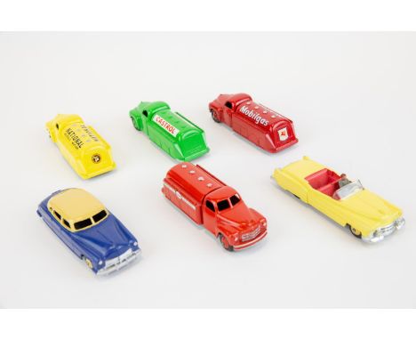 6 well restored Dinky Toys. 4x Studebaker Petrol Tankers, National, Castrol, Mobilgas and ESSO. A Hudson Sedan and a Cadillac